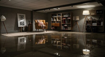 A modern, minimalist living space with concrete walls and a reflective floor, featuring a brown armchair, bookshelves, and floor lamps.