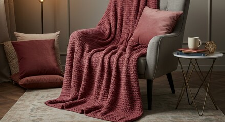 A cozy scene featuring a grey armchair draped with a textured rose blanket, accent pillows, and a side table with books and a mug.