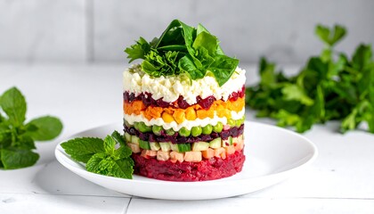 A layered, colorful salad presented on a white plate, garnished with fresh herbs, against a textured background