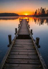 Obraz premium Sunrise over a Peaceful Lake Dock.