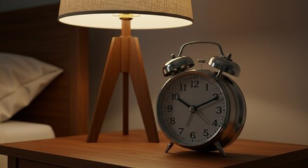 A vintage alarm clock and a wooden tripod lamp sit on a wooden nightstand next to a bed. The scene is lit with warm, soft light.