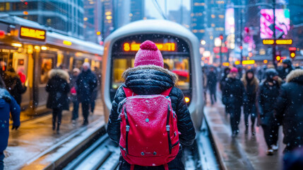 Fototapeta premium Rear view of person bundled in winter attire, sporting vibrant pink hat and red backpack, standing on snowy tram tracks awaiting approaching train in bustling, illuminated urban setting during snowfal