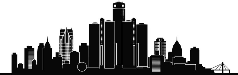 Black and white Detroit city skyline silhouette with bridge and Ferris wheel, showcasing iconic architecture, urban design, and landmark structures.