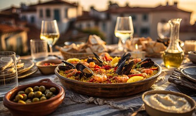Delicious and inviting paella feast served with wine and olive oil