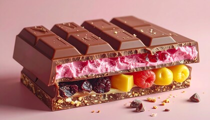 A layered confection a bar of rich chocolate reveals a vibrant pink filling, fruit, and a nutty base