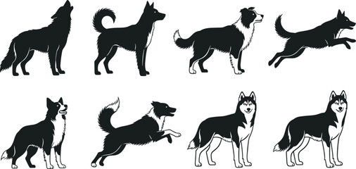 Black and White Dog Silhouettes in Dynamic Poses Featuring Various Breeds for Pet, Animal, Anatomy, and Wildlife Vector Design