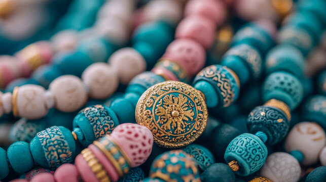 Vibrant close-up of artisan beaded strands featuring intricate turquoise, pink, and cream beads, richly adorned with elaborate golden filigree and diverse textural patterns