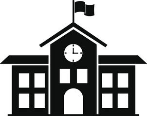 Black and White School Building Silhouette with Clock Tower and Flag for Education, Architecture, Symbolic, and Institutional Vector Design