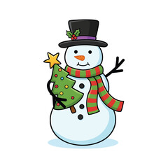 Snowman Outline Vector Drawing with Scarf and Hat Standing on One Foot for Playful Design