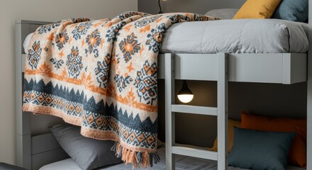 A bunk bed with a gray frame displays a patterned blanket in orange, white, and navy blue. Pillows in gray, yellow, and dark blue are visible.s