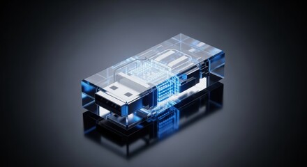 Modern flash drive shines against dark backdrop. This modern flash drive shows cutting edge data storage technology, with light reflections and translucent casing.