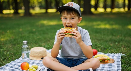 A young boy in a baseball cap enjoys a sandwich during a picnic in a park, with fruit and a water bottle on a checkered blanket.