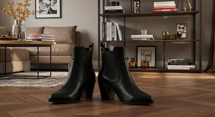 A pair of black leather ankle boots with block heels are displayed on a wooden floor in front of a living room setup with a sofa, coffee table, and bookshelf.