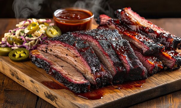 Deliciously Smoked Beef Brisket and Ribs Platter with Coleslaw and Jalapenos
