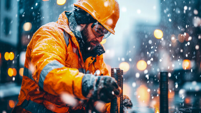 Focused construction worker in bright orange protective gear, including hard hat and high-visibility jacket, diligently performing tasks outdoors amidst heavy winter snowfall, with soft, blurred city 