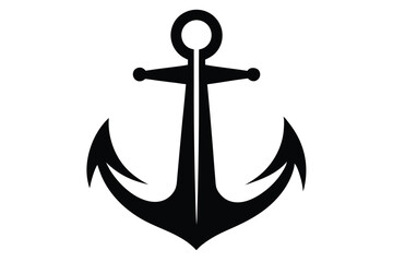 Isolated black anchor with distinct flukes and ring sits against a solid background