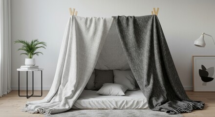 A fabric tent with light and dark gray blankets, pillows inside, and a plant on a side table.