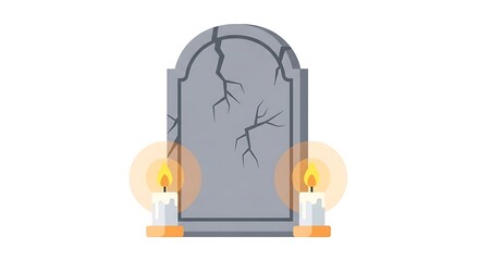 Vector illustration of a cracked grey tombstone with two glowing candles
