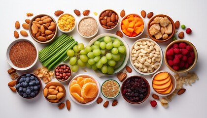 Colorful Assortment Of Healthy Snacks Arranged Creatively On Whi