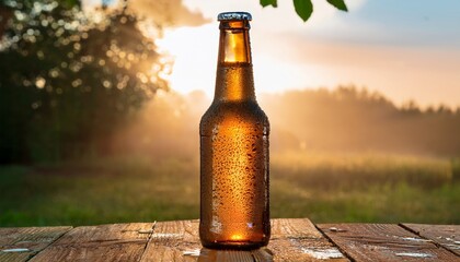 Refreshing Beer Bottle Adorned With Water Droplets Resting On Rustic Wooden Table In Natural Outdoor Setting