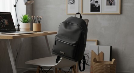 A black backpack rests on a white chair beside a wooden desk with a laptop, plant, and pencils.