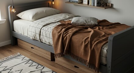 A grey wooden bed with storage drawers is dressed in white bedding, a checkered duvet cover, a grey cushion, and a brown fringed throw.