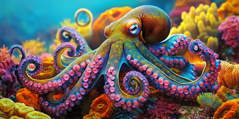 Octopus camouflaging on a coral reef, vibrant colors, ultra-detailed suction cups.