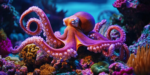 Octopus camouflaging on a coral reef, vibrant colors, ultra-detailed suction cups.