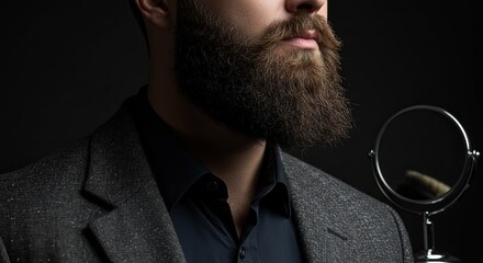 A close-up shot of a man with a full beard, wearing a dark shirt and grey jacket, with a small mirror reflecting a brush.