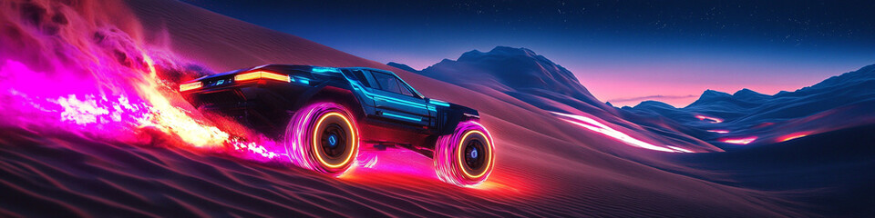 Off-road vehicle navigating neon-lit futuristic desert dunes, glowing tires.