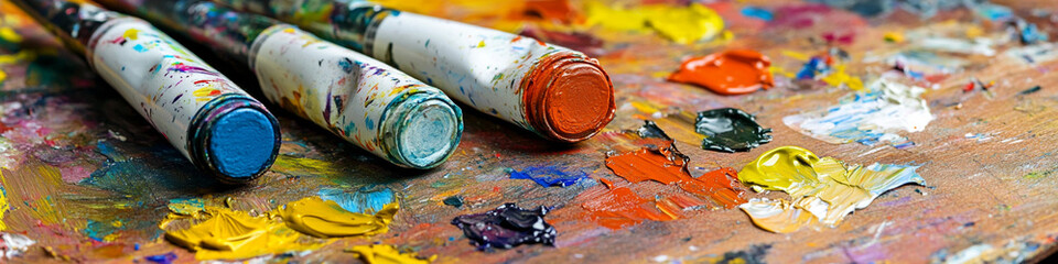 Oil paint tubes scattered on an artista??s palette, rich textured colors.