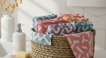 A woven basket overflows with colorful, patterned towels, next to a dispenser and bar of soap on a countertop.