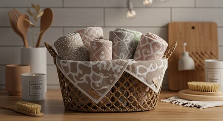 A woven basket overflowing with rolled patterned towels in pastel colors, arranged on a wooden surface with decorative and functional items.
