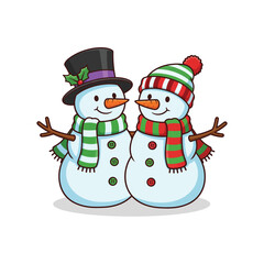 Two Snowmen Outline Vector Illustration Standing Together with Hats and Scarves for Friends