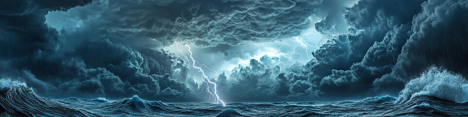 Ominous storm clouds forming over an ocean, lightning striking waves.