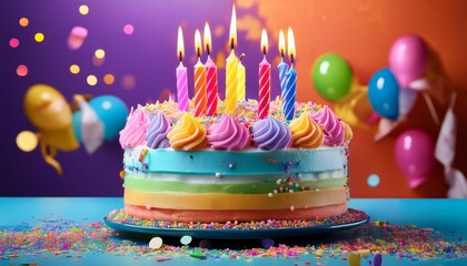 The Colorful Birthday Cake With Festive Candles And Sprinkles On A Vibrant Background