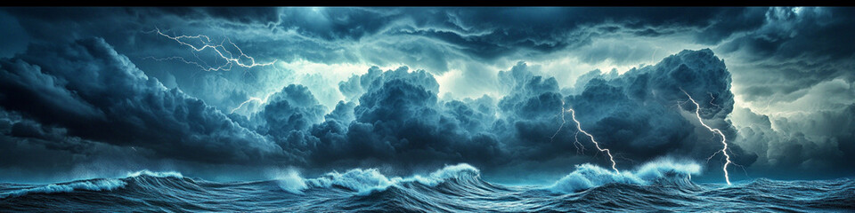 Ominous storm clouds forming over an ocean, lightning striking waves.