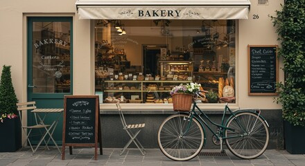 A bakery storefront with a display window filled with pastries, bread, and cakes. A bicycle with a flower basket is parked outside, along with chairs and tables, chalkboards advertising menu items.
