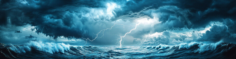 Ominous storm clouds forming over an ocean, lightning striking waves.