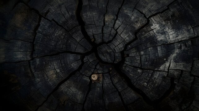 Stunning close-up of a deeply textured black tree stump showing age and history, perfect for nature backgrounds and organic designs with natural rings