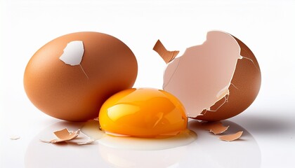 Fresh Eggs With Broken Shells And Yolks On A White Background