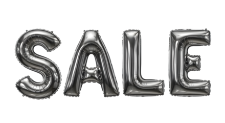 Silver balloon letters spelling out the word sale, isolated on transparent background