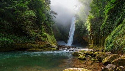 Misty Forest Canyon With Waterfall And River