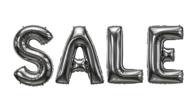 Silver balloon letters spelling out the word sale, isolated on transparent background