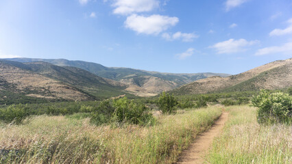Landscape featuring vasquez rocks natural area park with blue sky and desert vegetation view © Rodrigo