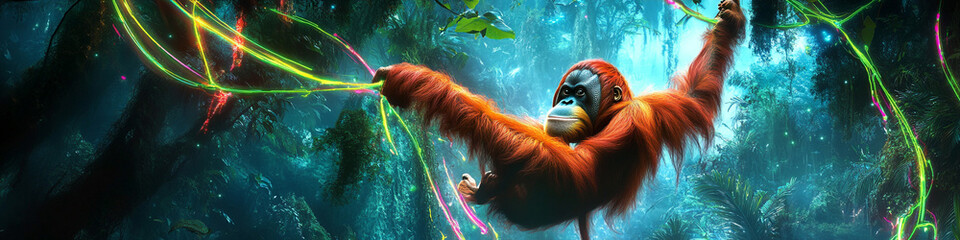 Orangutan swinging on neon vines in a cyberpunk rainforest, futuristic glow.