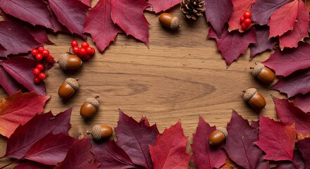 A flat lay composition features a circular arrangement of red autumn leaves, acorns, and red berries on a wooden surface.