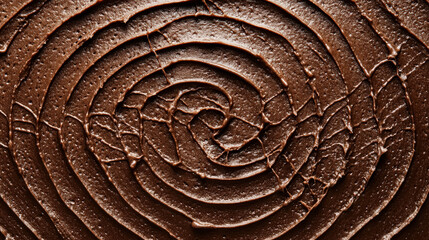 Chocolate frosting is artistically swirled in a circular design on a smooth surface, highlighting its rich texture and inviting appearance for culinary creations