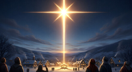 A radiant Christmas star shines brilliantly in the night sky above a peaceful snowy village, illuminating the landscape and gathering people in awe, symbolizing hope, unity, and the spirit of Christma
