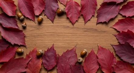 Red autumn leaves and acorns are arranged on a wooden surface, creating a border with a central empty space.